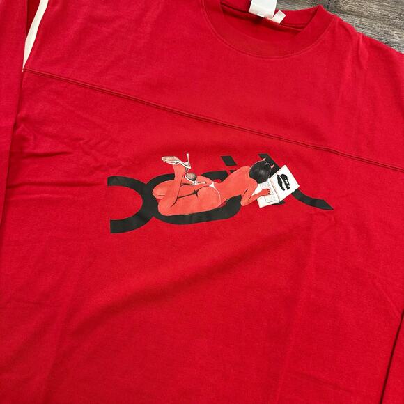 NWT X-Girl Red Mens L Sexy Devil Girl Graphic Long Sleeve‎ T Rex Football Tee - Picture 2 of 7